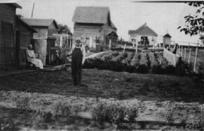 A man and a woman are next to the large garden that they have planted behind their house.