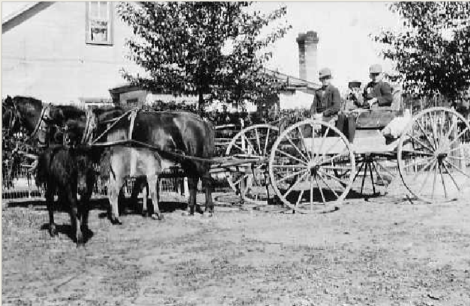 Three young children are in a wooden wagon that is being pulled by a team of two horses. There's a wooden house in the background.