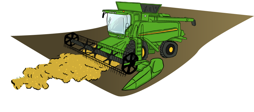 An illustrated green combine harvests a canola field.