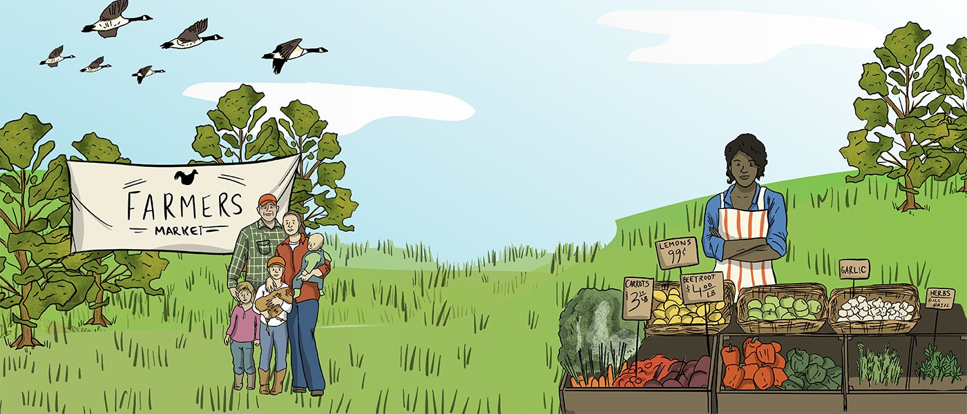 An illustrated family stands in front of a farmer’s market booth. The farmers market has an assortment of vegetables and herbs and spices.