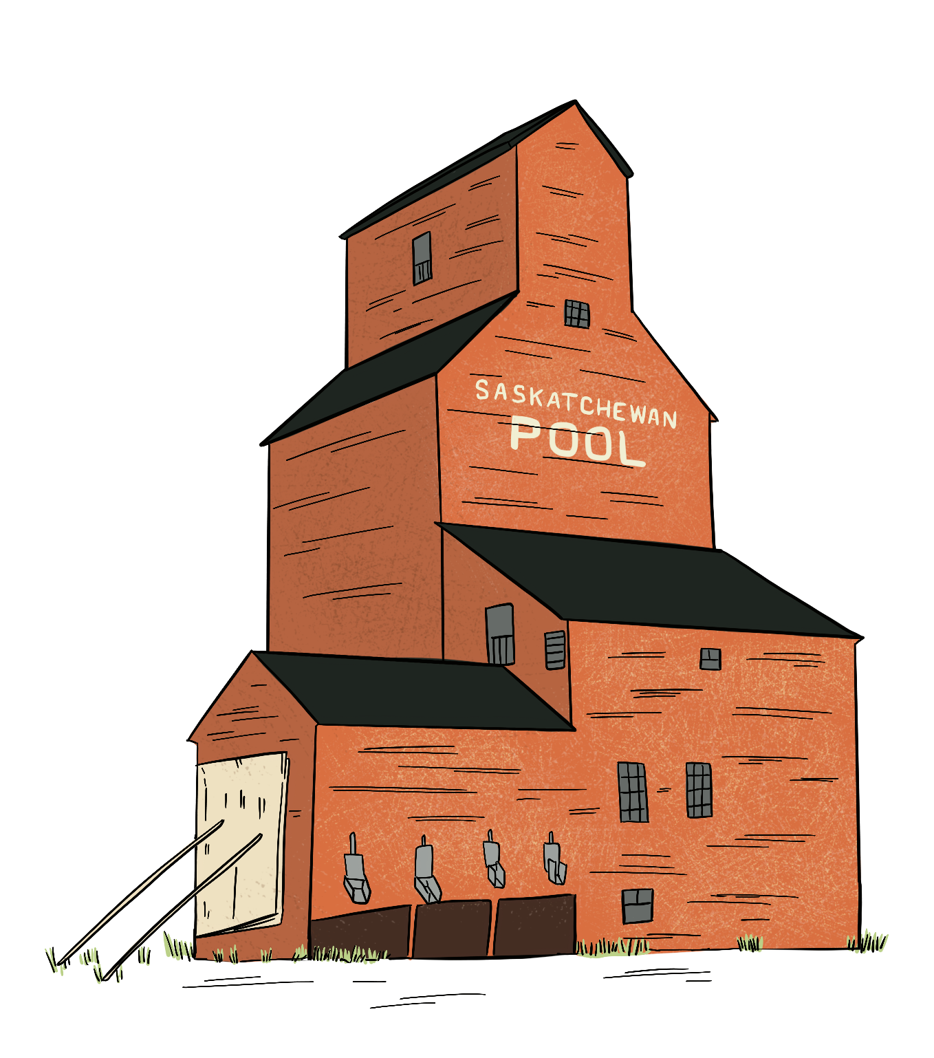 An illustrated red coloured grain elevator says ‘Saskatchewan Pool’ on the side of it. 