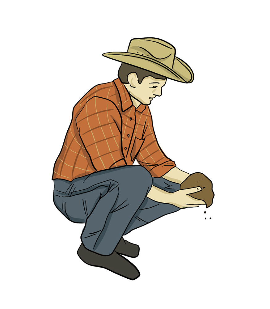 An illustrated farmer with a cowboy hat kneels to look at the soil that is in his hands. 