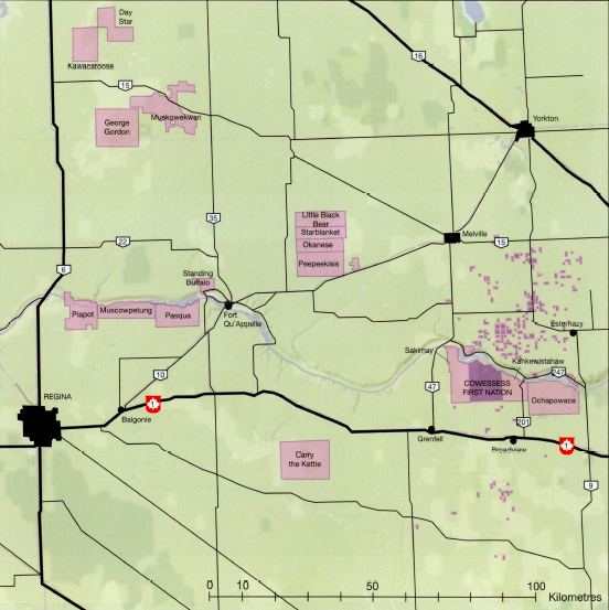 A map of Saskatchewan is shown with a grouping of highlighted reserves that are small compared to the rest of the province.