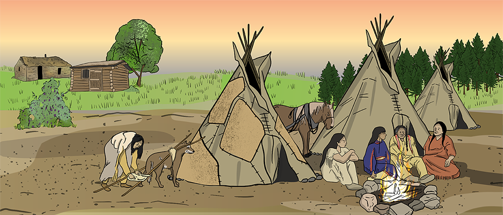 A group of Indigenous people are sitting and standing together by a campfire with a tipi in the background and a woman using snowshoes.