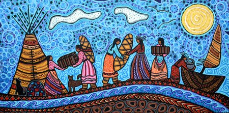 A mosaic showing Indigenous people moving items from a boat to a tipi.