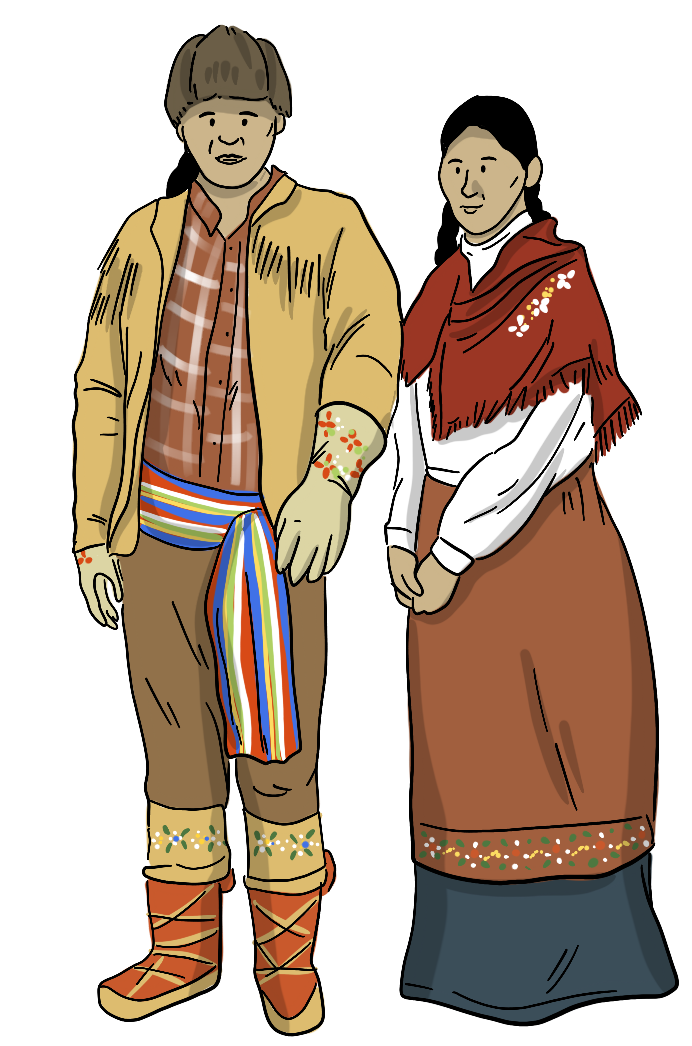 A Métis man is wearing a jacket from hides, a sash and boots. A Métis woman is standing next to him wearing a shawl and long skirt.