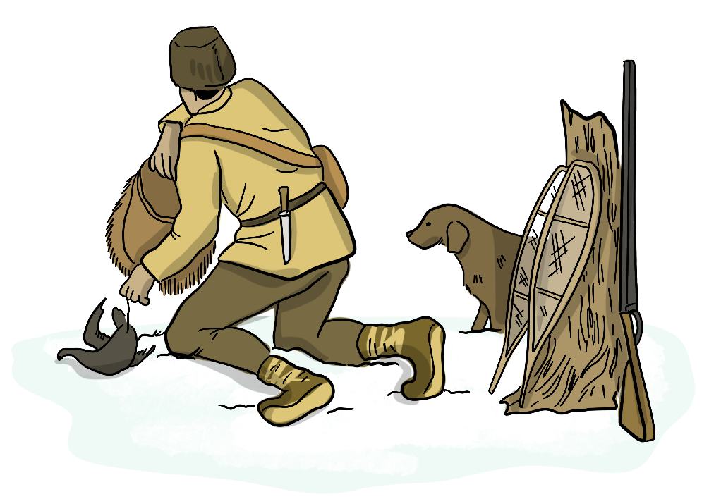 An illustrated Métis man has trapped a small animal in the winter.