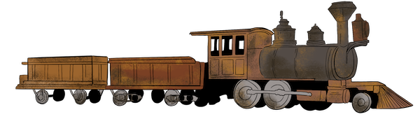 An illustrated train engine is shown with two railcars.