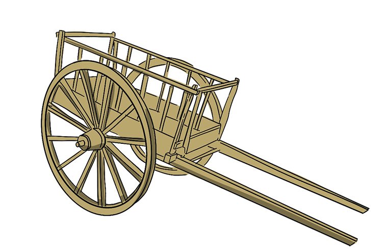 An illustrated Red River cart is parked.