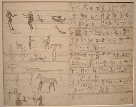 A hand-drawn pictograph made by Chief Paskwa is shown, where he explains what is being agreed to in Treaty 4.