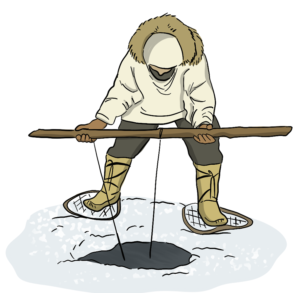 An illustrated Indigenous man dips a pole into a hole through a frozen lake.