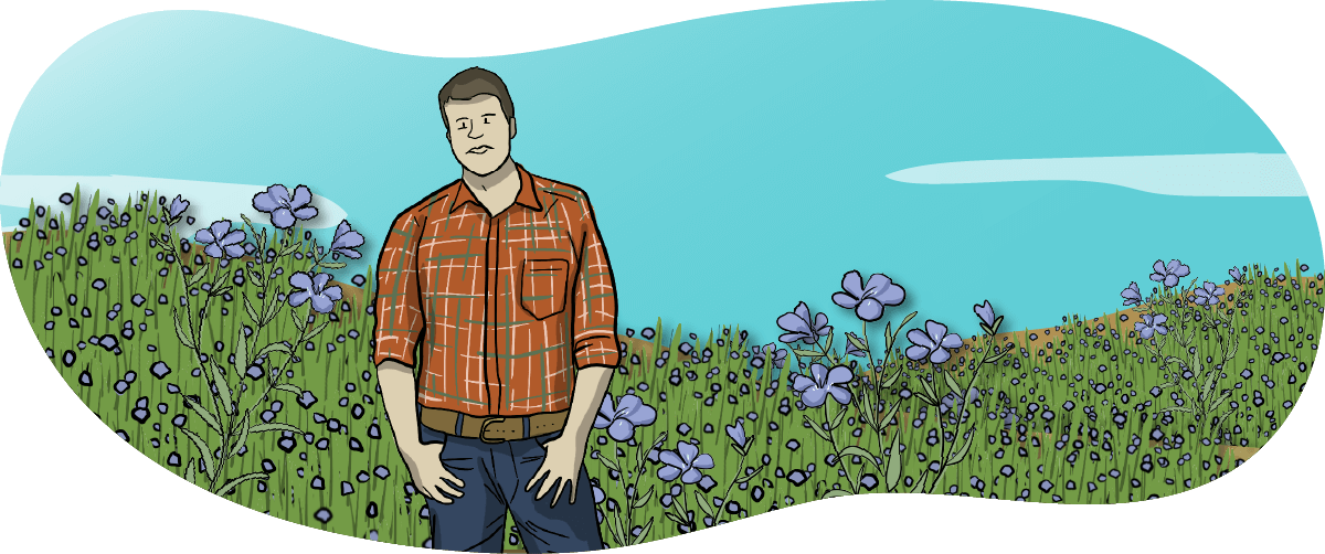 An illustrated flax crop is shown with purple blooming flowers. A farmer stands in the flax field.