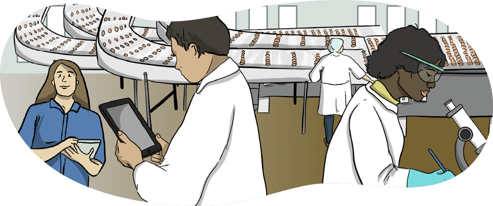 Two illustrated food inspectors and two quality control employees are shown working at a food processing facility where food is moving on conveyor belts in the background. 