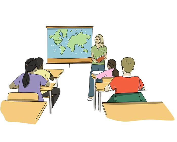 An illustrated teacher shows a world map to her students.