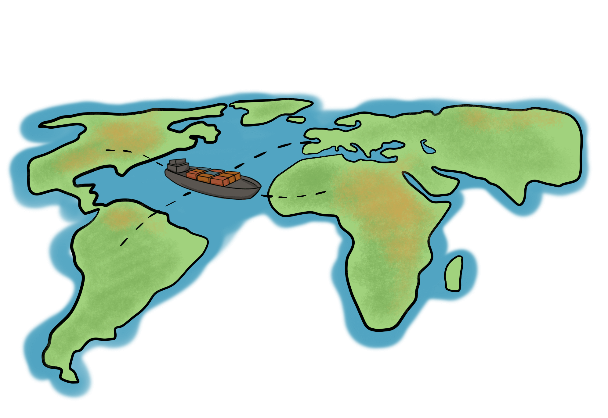 A simple, illustrated map of the world is shown with a boat transporting goods between countries. 