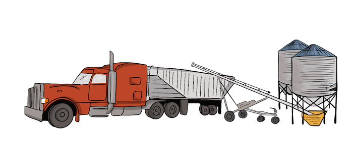 An illustrated auger is moving grain from a grain bin into a trailer being pulled by a semi-truck.