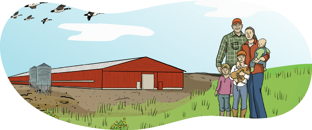 An illustrated farm family stands in front of a large poultry barn.