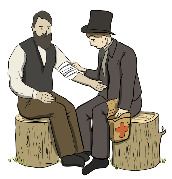 A doctor has had to travel to help a patient outside. They are both sitting on logs, as the doctor uses supplies from his medical kit to help the patient by putting a bandage on his arm. 