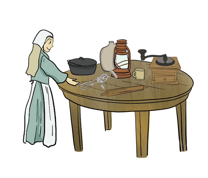 A young girl is standing at a table using kitchen items such as a lantern, an egg beater, coffee grinder, and a rolling pin. 