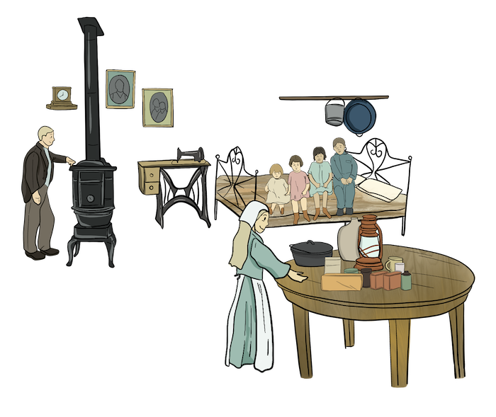 The inside of this settler's home shows four childen sitting on one bed together. Other items in the house include a sewing machine, an iron stove, and a dining table with kitchen items on it. 