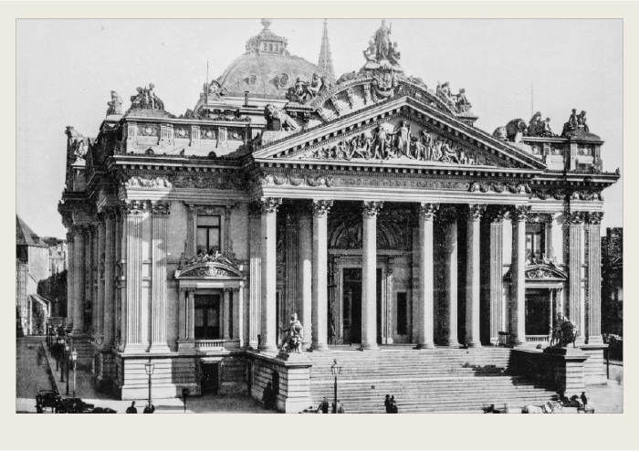 A grand stock exchange building is shown. 