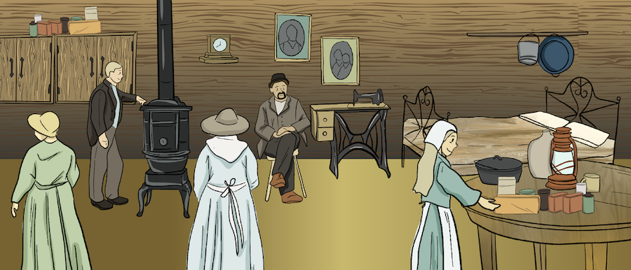 An illustration shows the interior of a house with a small iron stove, a sewing machine, a couple cabinets, a dining table with kitchen items on it, and a bed in the corner.  