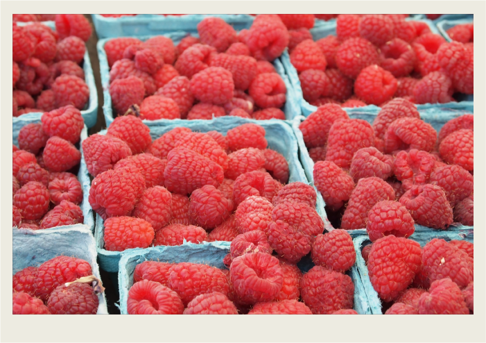 Several containers of raspberries sit on a shelf. 