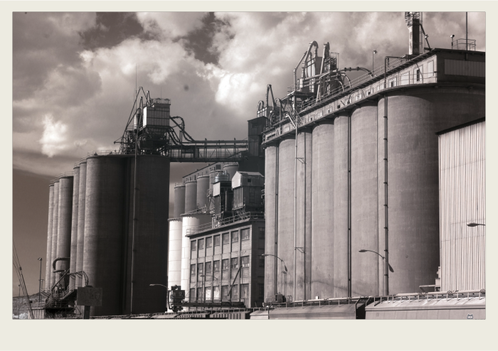 A large modern grain elevator is shown with a railway next to it.