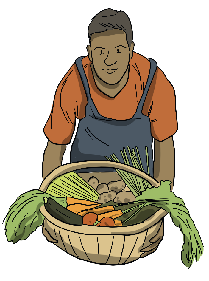 An illustrated farmer holds a basket of vegetables including carrots, potatoes, onions, tomatoes, and cucumbers. 