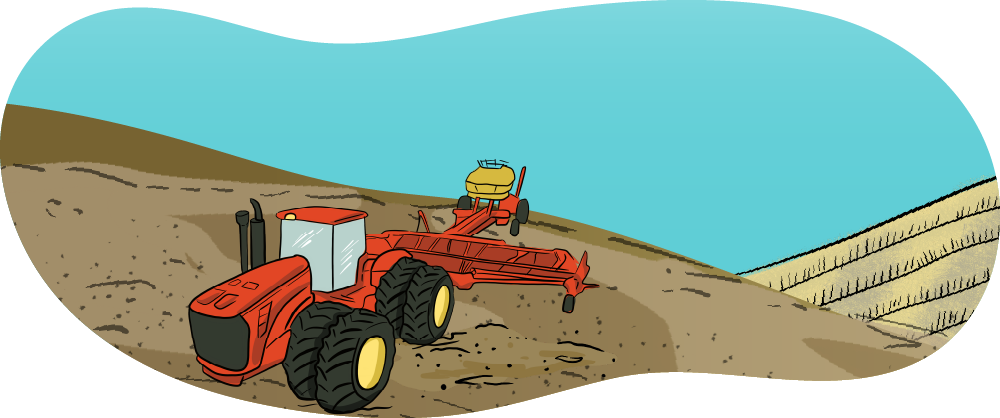 An illustrated red tractor is pulling an air drill over a field to seed a crop.