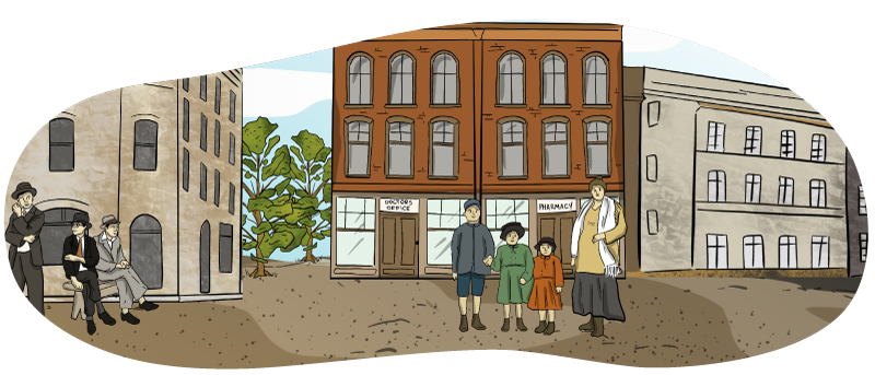 An Illustrated 1950s doctor's office and pharmacy are on the bottom floor of a three- story building. These buildings are shown on the main street of a town. A woman and her kids and a group of four men are gathered around.