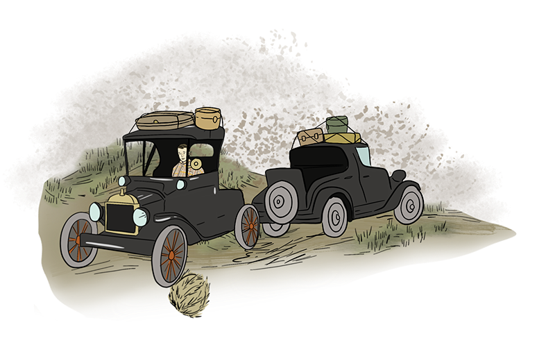 Two illustrated 1920s-looking automobiles have been loaded up and are leaving Saskatchewan in a dust storm.