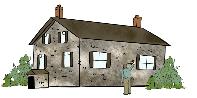 An Illustrated mason puts the finishing touches on the stone house he has made