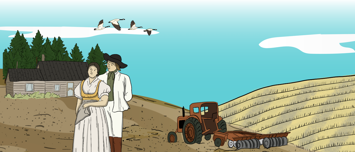 An Illustrated Romanian couple stands in front of their wooden house on their homestead. Rolling fields with a tractor can be seen in the background.