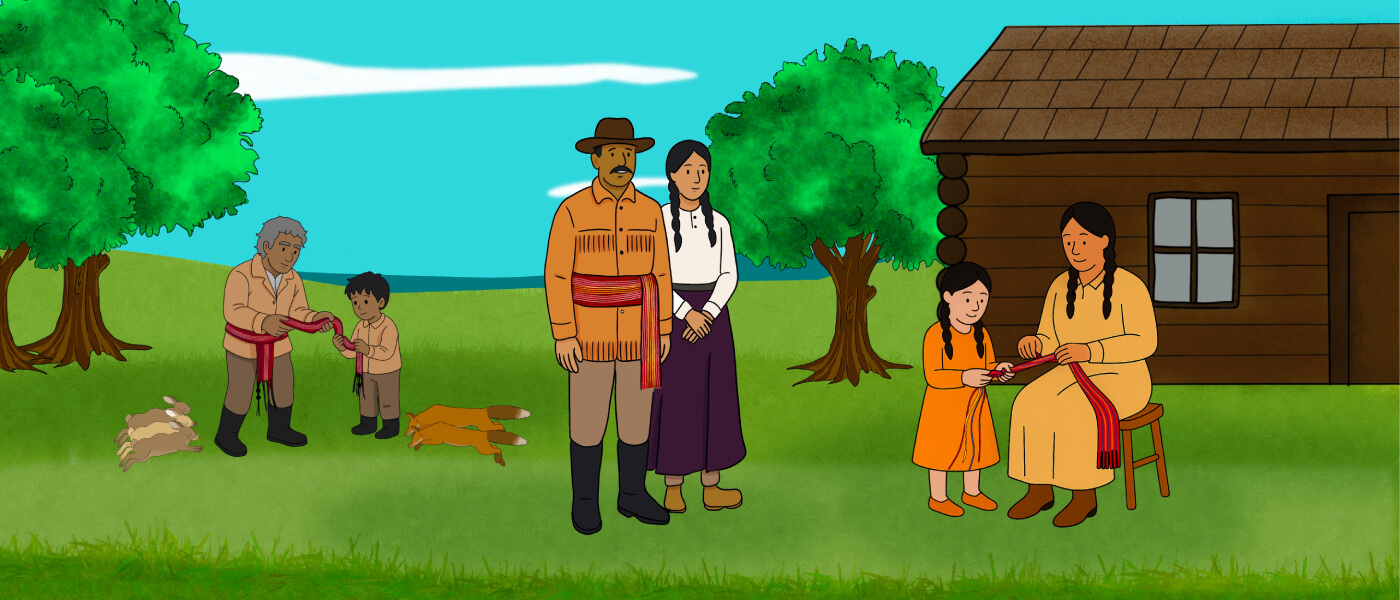 A group of illustrated Indigenous people are sitting together at a campfire by tipis. Others are greeting another group of people walking towards them.