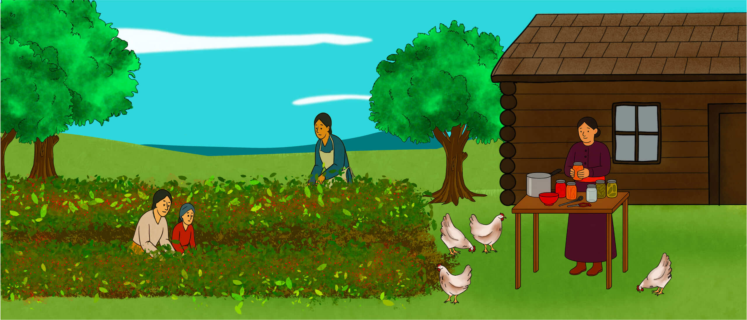 A group of illustrated Indigenous people are near the campfire at nighttime. A man points to symbols on the back of a bison hide and explains them to the group. Another person is pointing out stars in the night sky.