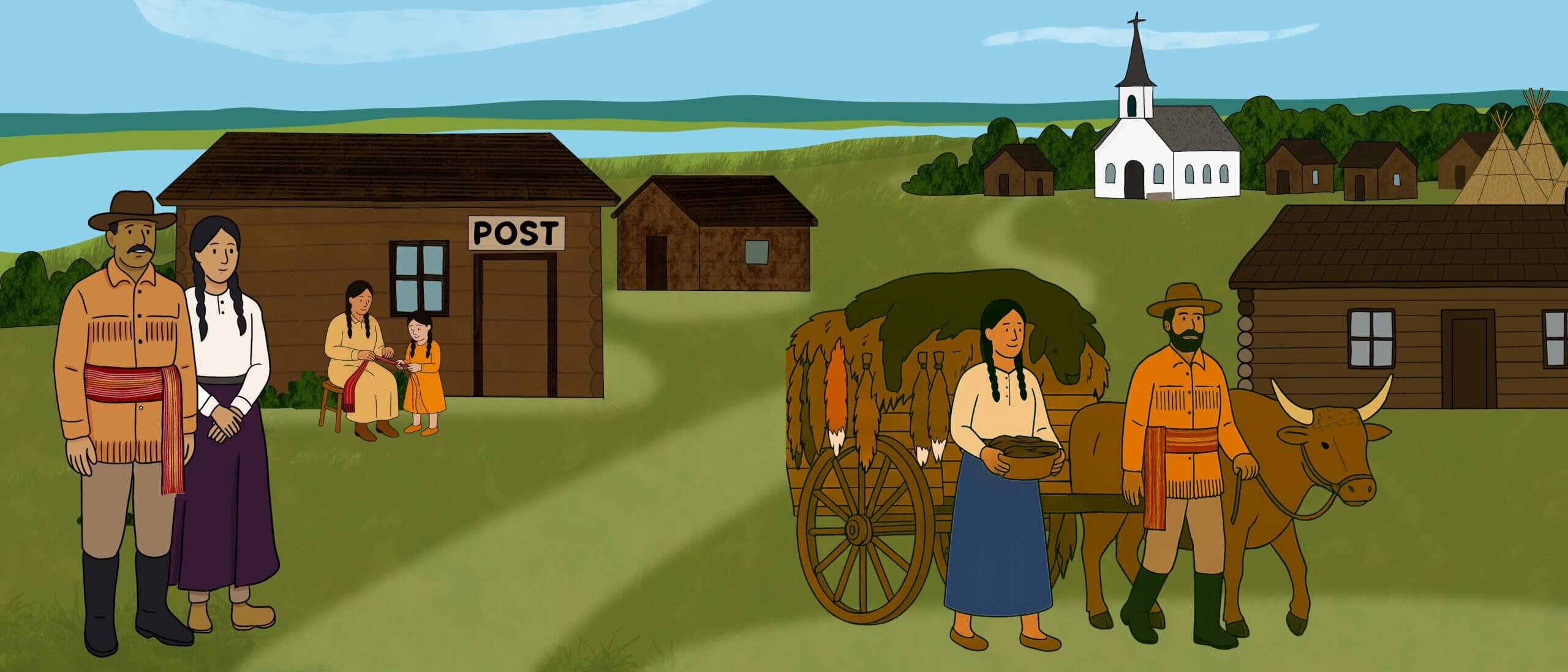 A group of illustrated Indigenous people are sitting together at a campfire by tipis. Others are greeting another group of people walking towards them.