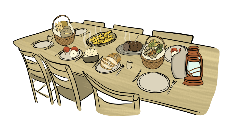 A piece of art by Leah Marie Dorion made with mosaics shows two Indigenous people standing near animals, sun, and water. 