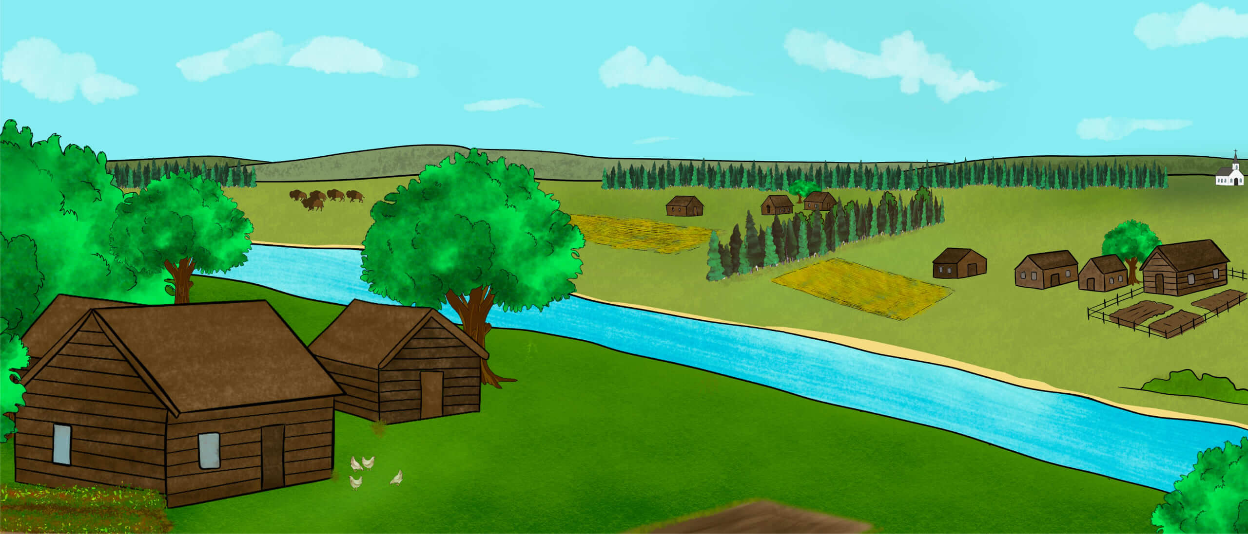 A group of illustrated Indigenous people are sitting together at a campfire by tipis. Others are greeting another group of people walking towards them.