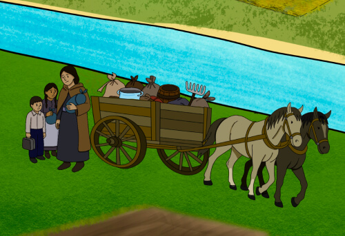 A piece of art by Leah Marie Dorion made with mosaics shows two Indigenous people standing near animals, sun, and water. 