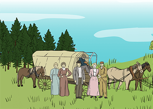 A piece of art by Leah Marie Dorion made with mosaics shows two Indigenous people standing near animals, sun, and water. 