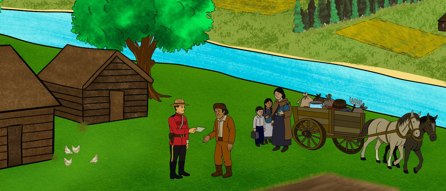 A piece of art by Leah Marie Dorion made with mosaics shows two Indigenous people standing near animals, sun, and water. 